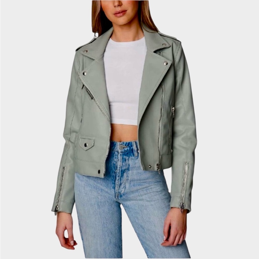 NWT! BLANK NYC Olive Vegan Moto Leather Jacket with Zipper and Pocket Detail